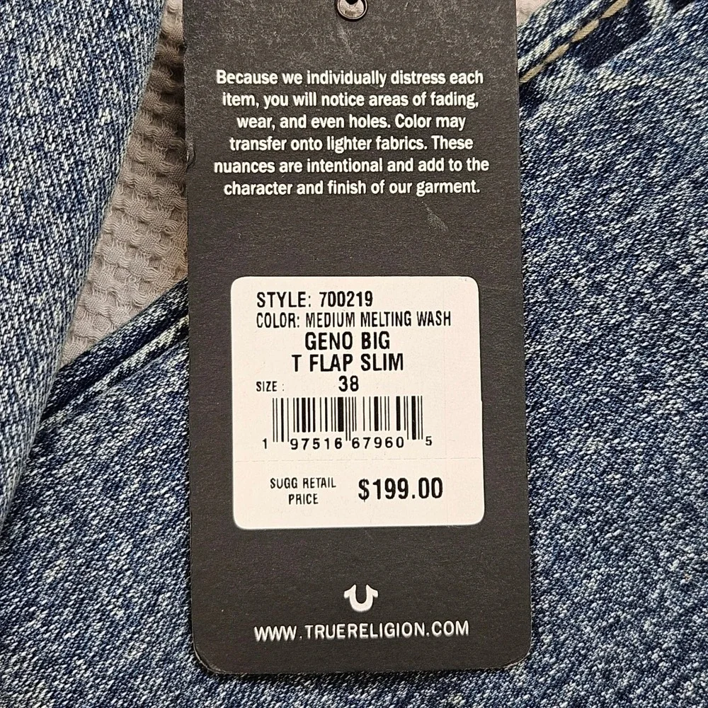 True Religion Geno Big T Flap Slim Jeans 38 Medium‎ Melting Wash 700219 Mens NEW